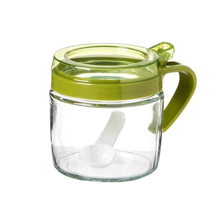 Recipient Condimente cu Linguriță și Mâner, Borcan din Sticlă pentru Sare și Piper, Capac Transparent din Polipropilenă, 180 ml, 8 x 9 cm, Verde
