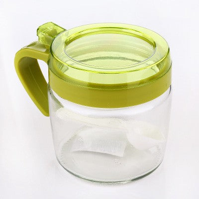 Recipient Condimente cu Linguriță și Mâner, Borcan din Sticlă pentru Sare și Piper, Capac Transparent din Polipropilenă, 180 ml, 8 x 9 cm, Verde