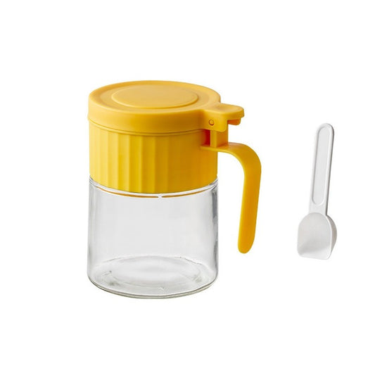 Recipient Condimente cu Mâner și Linguriță, Borcan pentru Mirodenii cu Capac Ajustabil Tip Solniță, Sticlă și PP, 180 ml, 10.6 x 7 cm, Galben