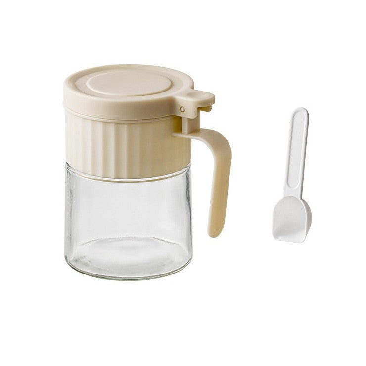 Recipient Condimente cu Mâner și Linguriță, Borcan Mirodenii cu Capac Tip Solniță, Sticlă și Polipropilenă, 180 ml, 10.6 x 7 cm, Alb Mat