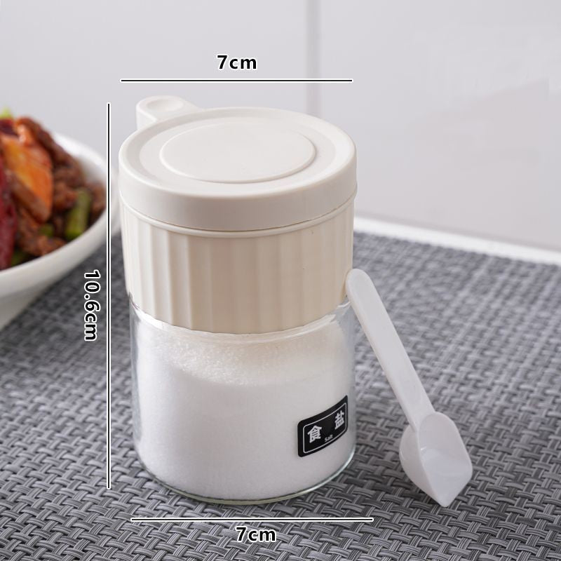 Recipient Condimente cu Mâner și Linguriță, Borcan Mirodenii cu Capac Tip Solniță, Sticlă și Polipropilenă, 180 ml, 10.6 x 7 cm, Alb Mat