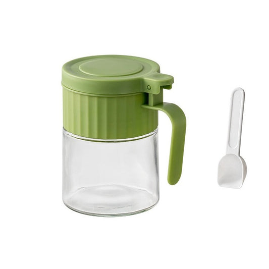 Recipient Condimente cu Lingurita si Maner Ergonomic, Borcan Depozitare Mirodenii, Sticla si Plastic PP, 180 ml, 10.6 x 7 x 7 cm, Verde Mat