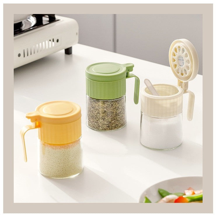 Recipient Condimente cu Lingurita si Maner Ergonomic, Borcan Depozitare Mirodenii, Sticla si Plastic PP, 180 ml, 10.6 x 7 x 7 cm, Verde Mat