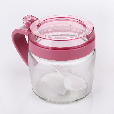 Recipient Condimente, Borcan din Sticlă cu Linguriță și Mâner, Capac Transparent din Polipropilenă, 180 ml, 8 x 9 cm, Roz