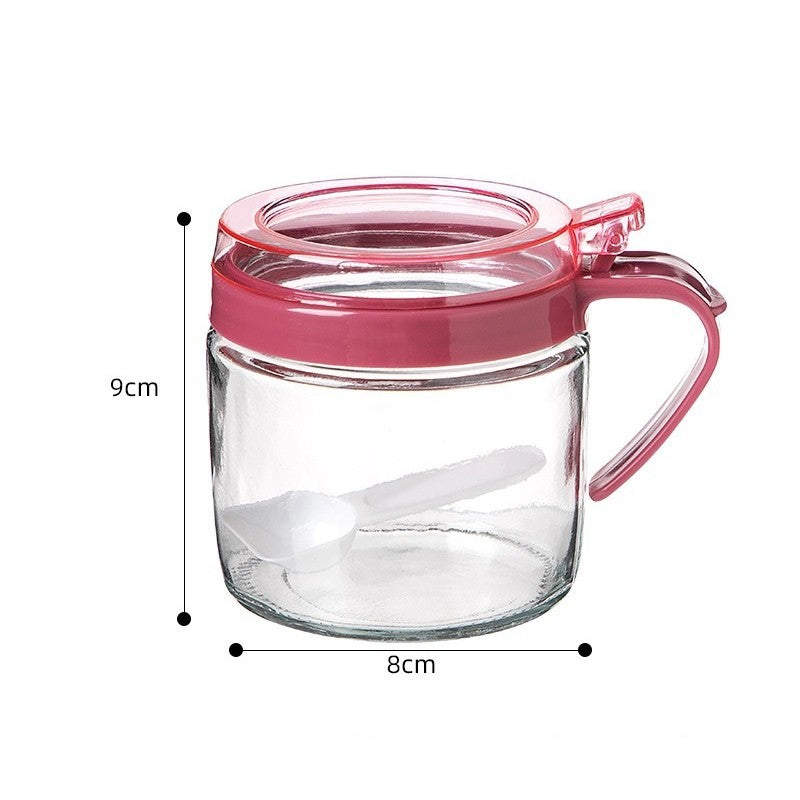 Recipient Condimente, Borcan din Sticlă cu Linguriță și Mâner, Capac Transparent din Polipropilenă, 180 ml, 8 x 9 cm, Roz