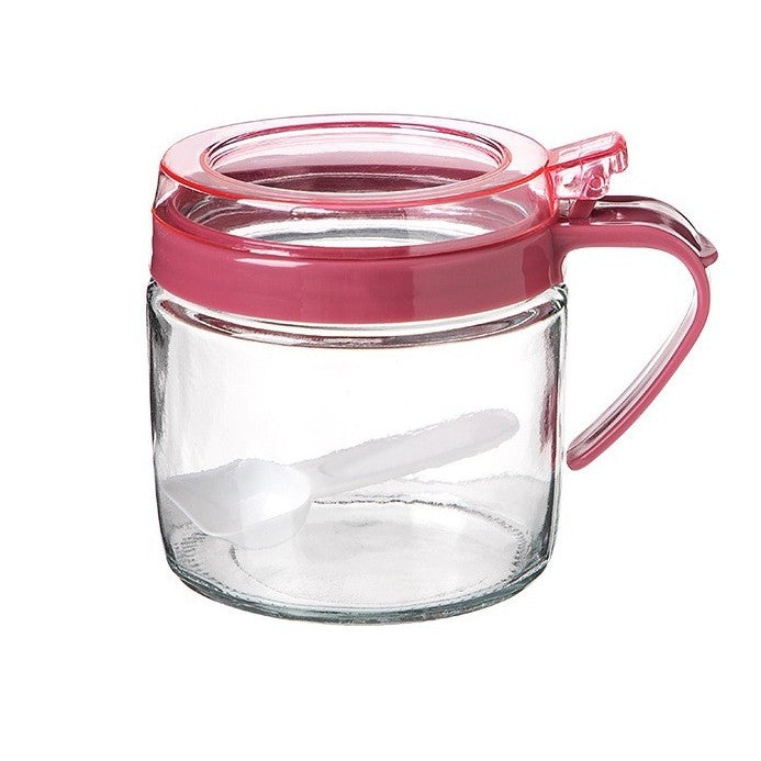 Recipient Condimente, Borcan din Sticlă cu Linguriță și Mâner, Capac Transparent din Polipropilenă, 180 ml, 8 x 9 cm, Roz