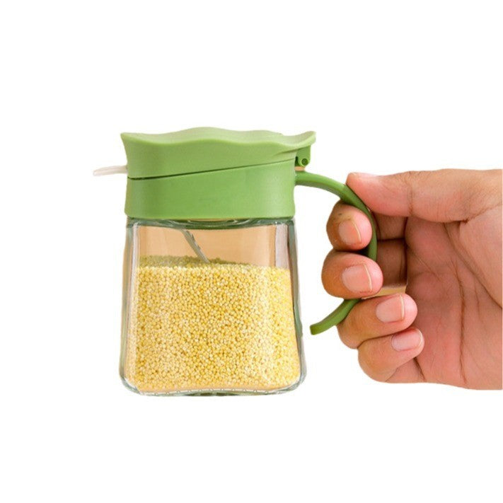 Recipient Condimente cu Linguriță și Mâner, Capac Ondulat Anti-Umezeală, Sticlă, 180 ml, 11.3 x 8.2 cm, Verde