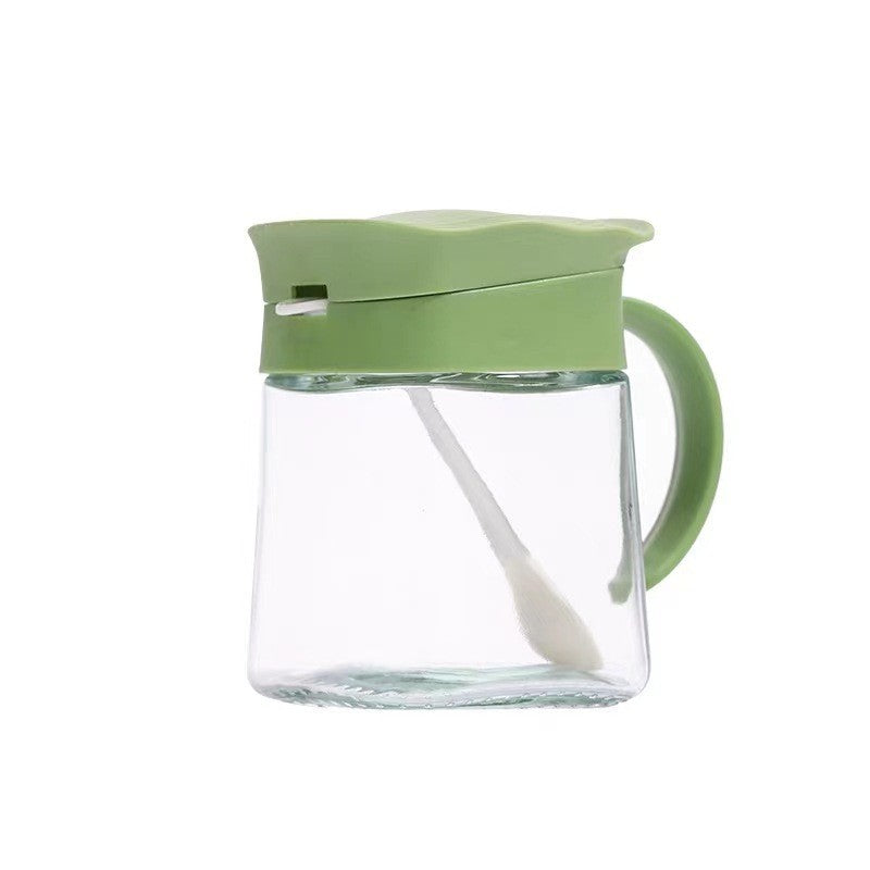 Recipient Condimente cu Linguriță și Mâner, Capac Ondulat Anti-Umezeală, Sticlă, 180 ml, 11.3 x 8.2 cm, Verde