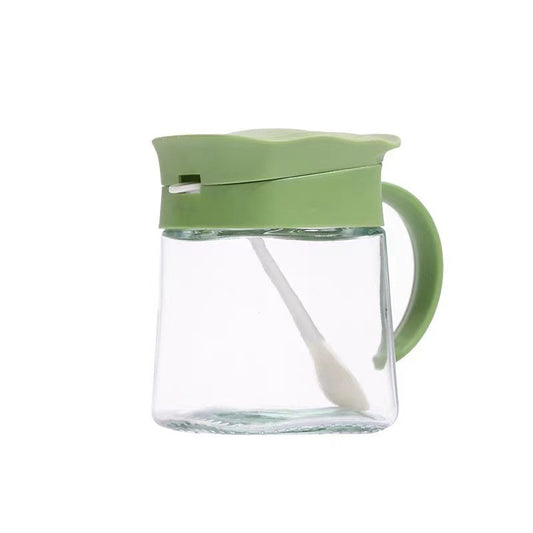 Recipient Condimente cu Linguriță și Mâner, Capac Ondulat Anti-Umezeală, Sticlă, 180 ml, 11.3 x 8.2 cm, Verde
