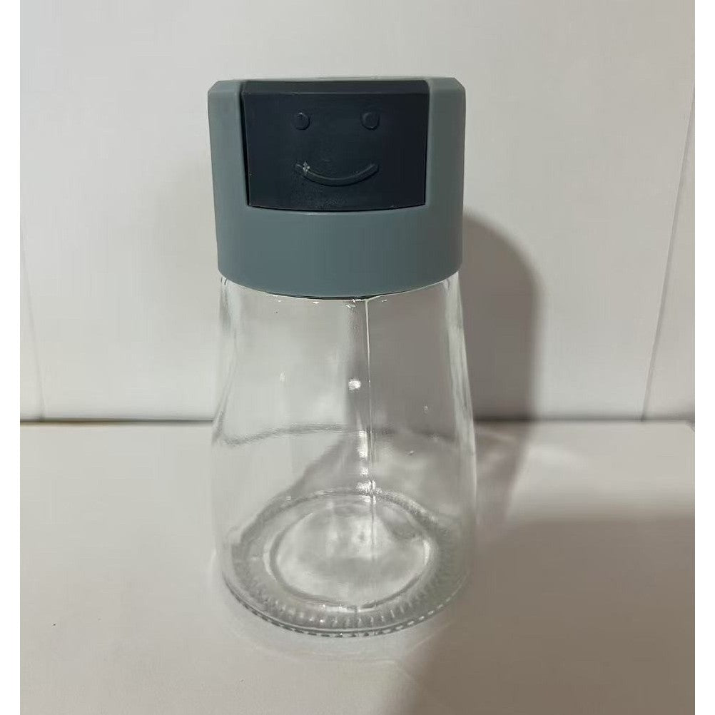 Dozator Condimente cu Buton, Dozare Precisă 5g, Recipient din Sticlă Rezistent la Umiditate, 180 ml, 11.3 x 6.4 cm, Albastru