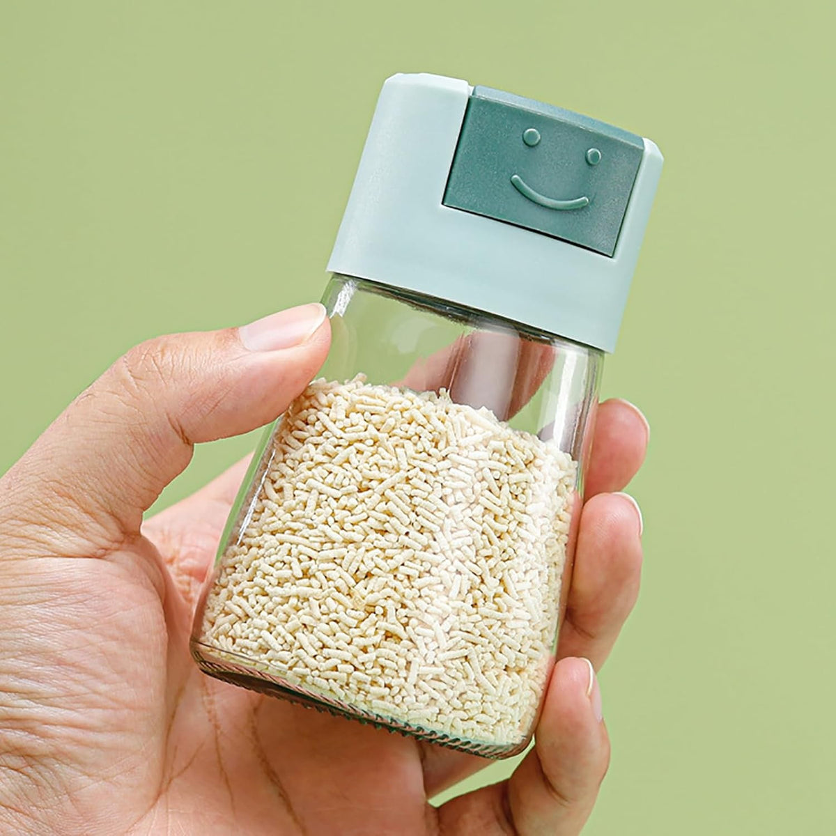 Dozator Condimente cu Buton, Dozare Precisă 5g, Recipient din Sticlă Rezistent la Umiditate, 180 ml, 11.3 x 6.4 cm, Albastru
