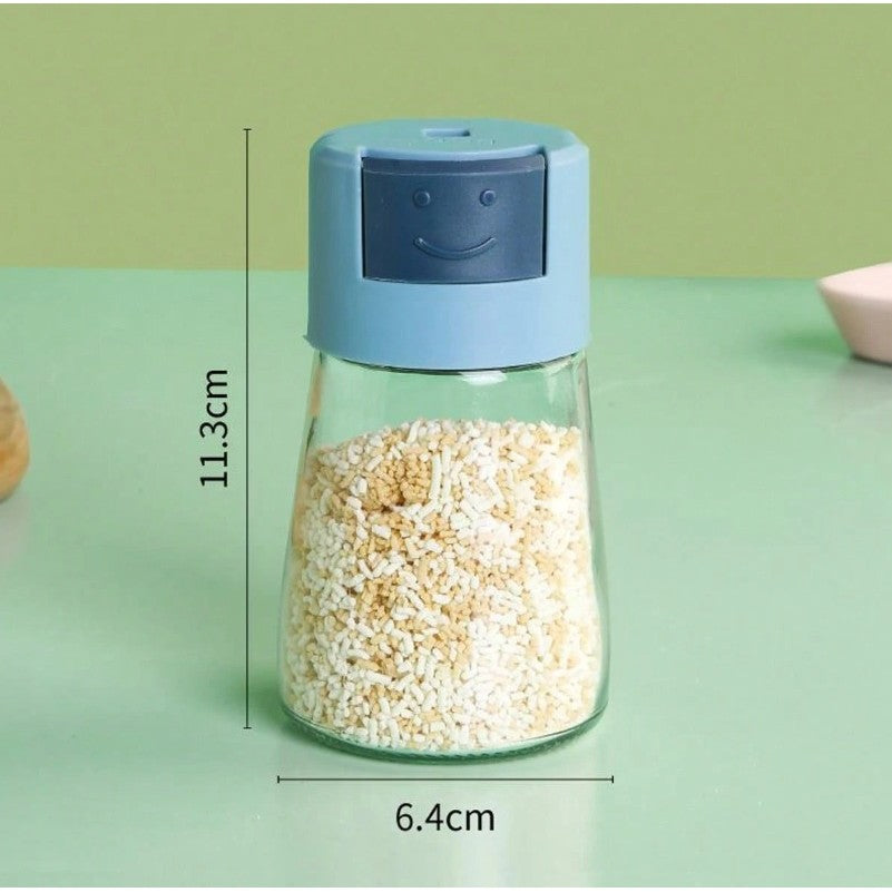 Dozator Condimente cu Buton, Dozare Precisă 5g, Recipient din Sticlă Rezistent la Umiditate, 180 ml, 11.3 x 6.4 cm, Albastru