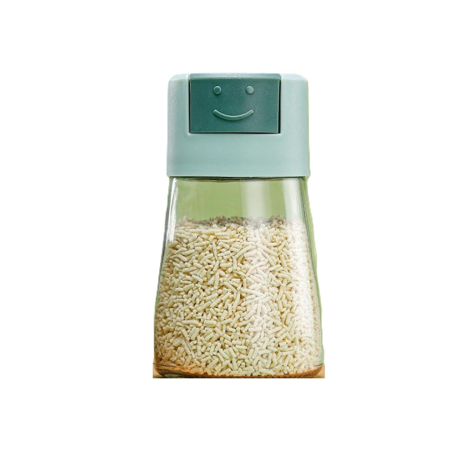 Dozator Condimente cu Buton pentru Dozare Precisa 5g, Recipient din Sticla Rezistent la Umiditate, 180 ml, 11.3 x 6.4 cm, Verde