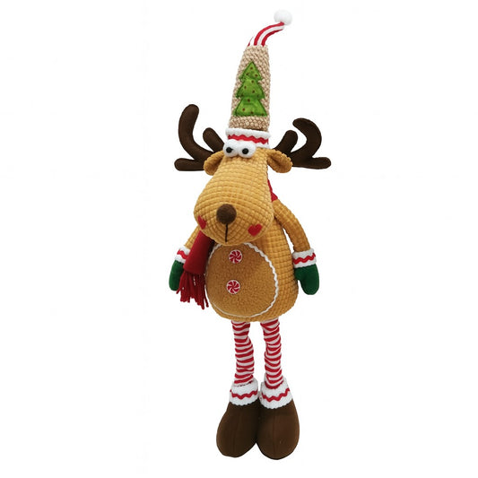 Figurina Decorativa de Craciun, Ren Telescopic cu Picioare Extensibile, Decoratiune din Material Textil Moale si Plus, Maro Deschis, 49-63 cm height, 20 x 8 cm