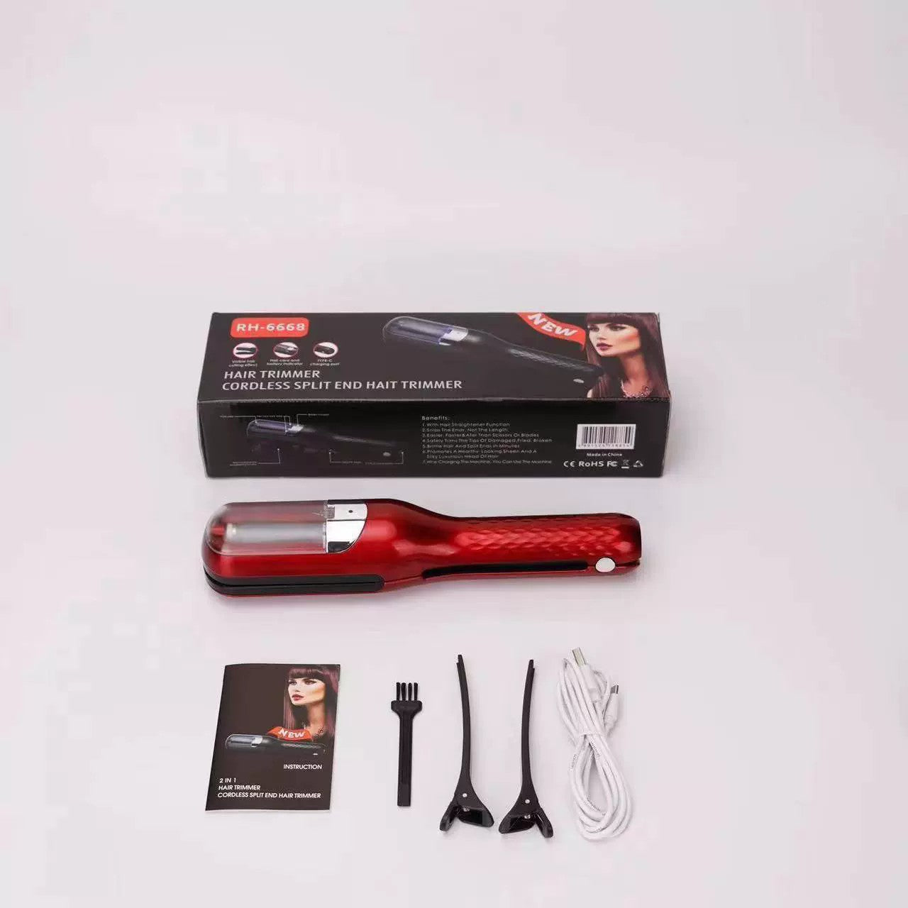 Aparat de Reparare a Varfurilor Despicate, Tehnologie cu Ioni Negativi si Netezire, Reincarcabil USB, Material ABS si PC, Baterie 500 mAh, 24.8 x 5.3 x 5 cm, Rosu