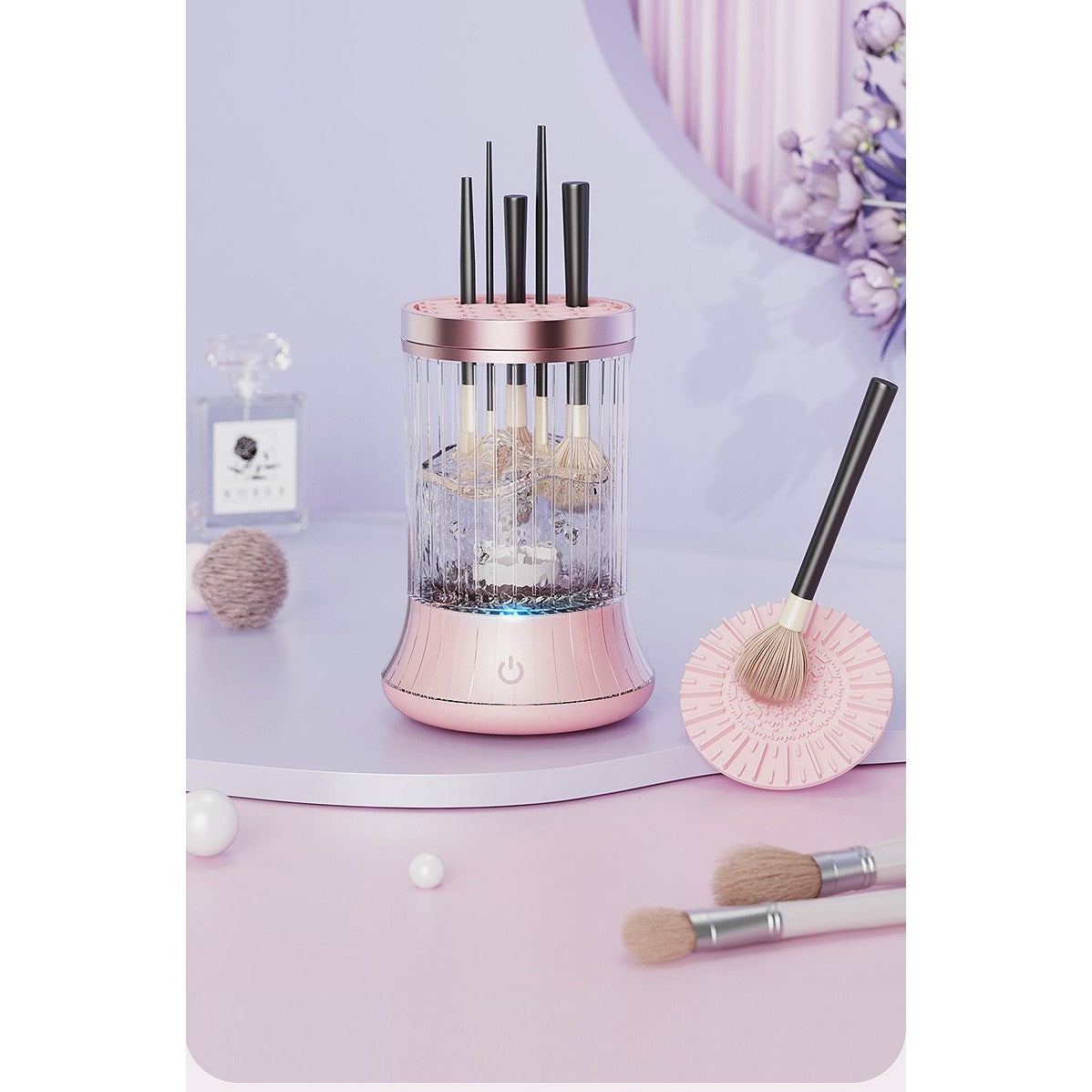 Dispozitiv Portabil de Curățare Pensule Machiaj, Tehnologie Sonice 7000 RPM, Alimentare USB Type-C 5V, Material ABS, Roz/Transparent