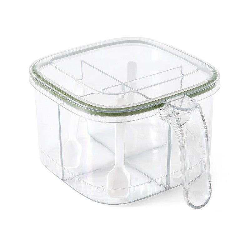 Cutie Depozitare Alimente si Condimente, 5 Compartimente cu Lingurite, Inchidere Ermetica Silicon, Plastic Transparent, 20 x 10 x 10 cm, Alb/Verde