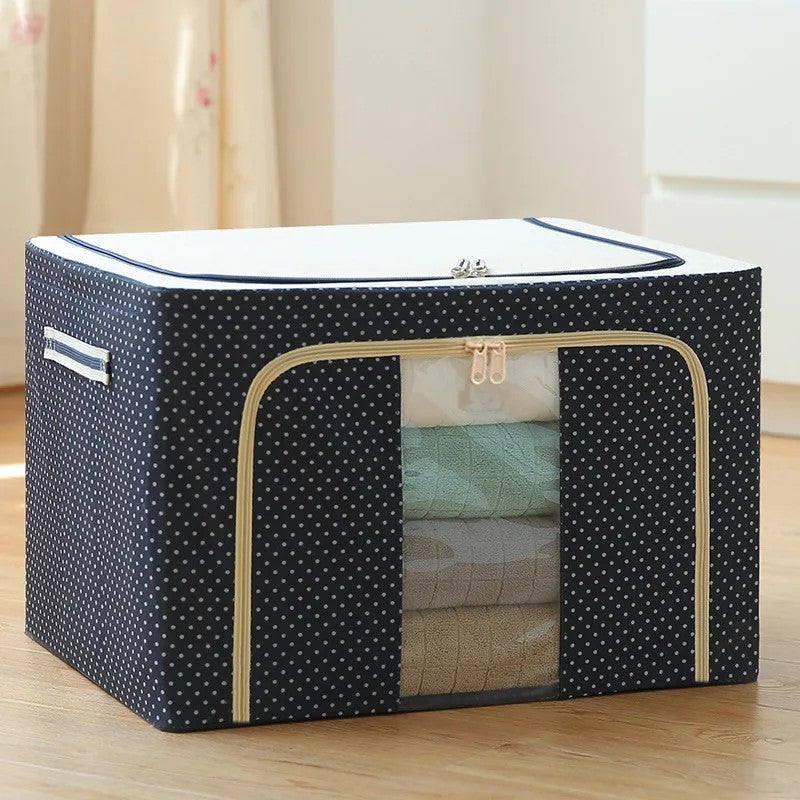 Cutie Depozitare Haine Pliabila, Organizator Textil cu Cadru Metalic si Fermoar Dublu, Material Oxford Impermeabil, 66 L, 50 x 40 x 33 cm, Albastru Marin cu Buline