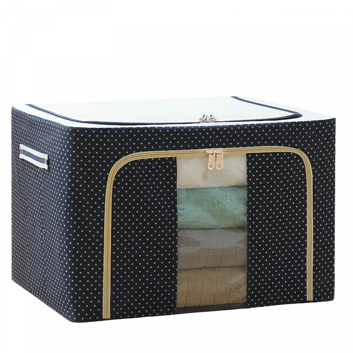 Cutie Depozitare Haine Pliabila, Organizator Textil cu Cadru Metalic si Fermoar Dublu, Material Oxford Impermeabil, 66 L, 50 x 40 x 33 cm, Albastru Marin cu Buline