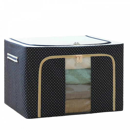 Cutie Depozitare Haine Pliabila, Organizator Textil cu Cadru Metalic si Fermoar Dublu, Material Oxford Impermeabil, 66 L, 50 x 40 x 33 cm, Albastru Marin cu Buline