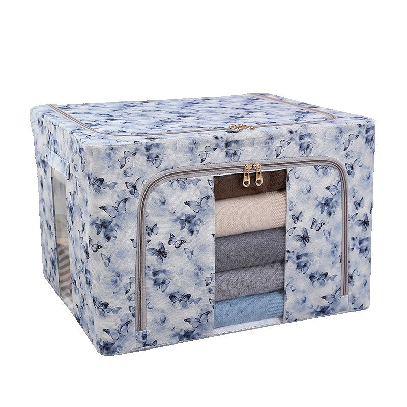 Cutie Depozitare Haine si Lenjerii, Organizator Pliabil cu Cadru Metalic si Fereastra, Material Textil, 66L, 50 x 40 x 33 cm, Model Fluturasi, Albastru