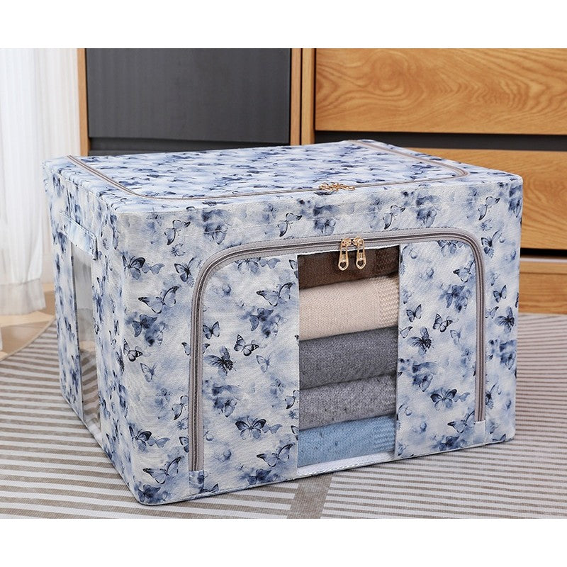 Cutie Depozitare Haine si Lenjerii, Organizator Pliabil cu Cadru Metalic si Fereastra, Material Textil, 66L, 50 x 40 x 33 cm, Model Fluturasi, Albastru