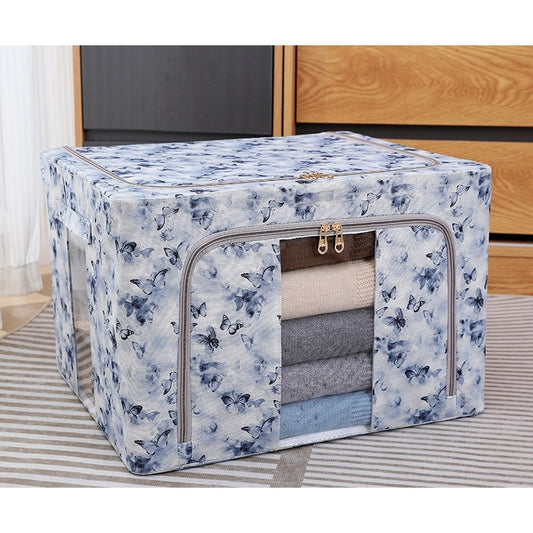 Cutie Depozitare Haine si Lenjerii, Organizator Pliabil cu Cadru Metalic si Fereastra, Material Textil, 66L, 50 x 40 x 33 cm, Model Fluturasi, Albastru