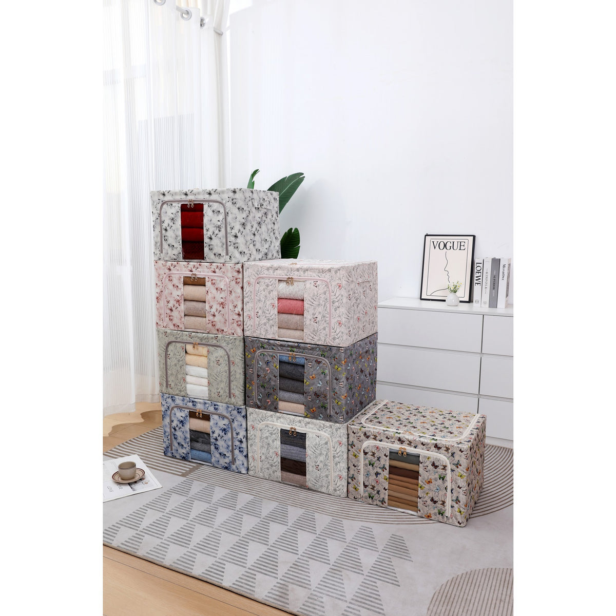 Cutie Depozitare Haine si Lenjerii, Organizator Pliabil cu Cadru Metalic si Fereastra, Material Textil, 66L, 50 x 40 x 33 cm, Model Fluturasi, Albastru