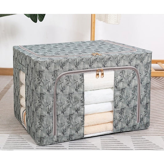 Cutie Depozitare Haine si Lenjerii, Organizator Pliabil cu Cadru Metalic si Fereastra, Material Textil, 66L, 50 x 40 x 33 cm, Verde Model Bambus