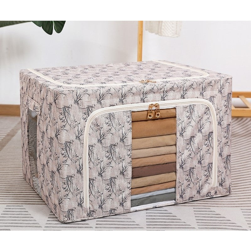 Cutie Depozitare Haine si Lenjerii, Organizator Pliabil cu Cadru Metalic si Fereastra, Material Textil Ecologic, 66L, 50 x 40 x 33 cm, Galben Model Bambus
