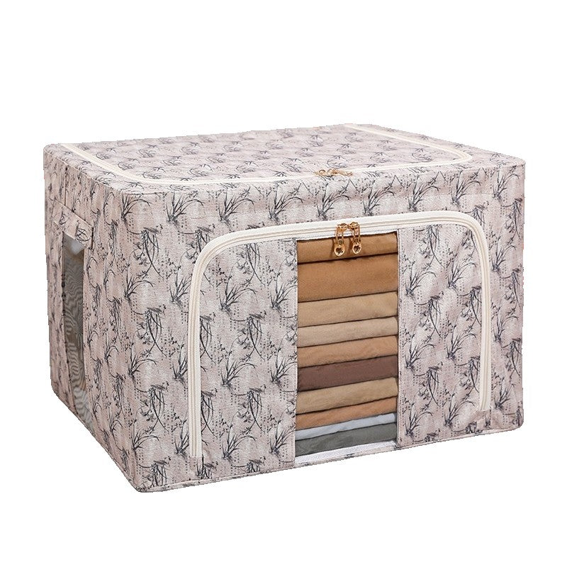 Cutie Depozitare Haine si Lenjerii, Organizator Pliabil cu Cadru Metalic si Fereastra, Material Textil Ecologic, 66L, 50 x 40 x 33 cm, Galben Model Bambus