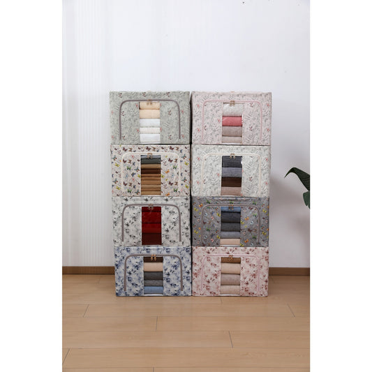 Cutie Depozitare Haine si Lenjerii, Pliabila cu Cadru Metalic si Fereastra, Material Textil Ecologic, 66L, 50 x 40 x 33 cm, Roz cu Model Bambus