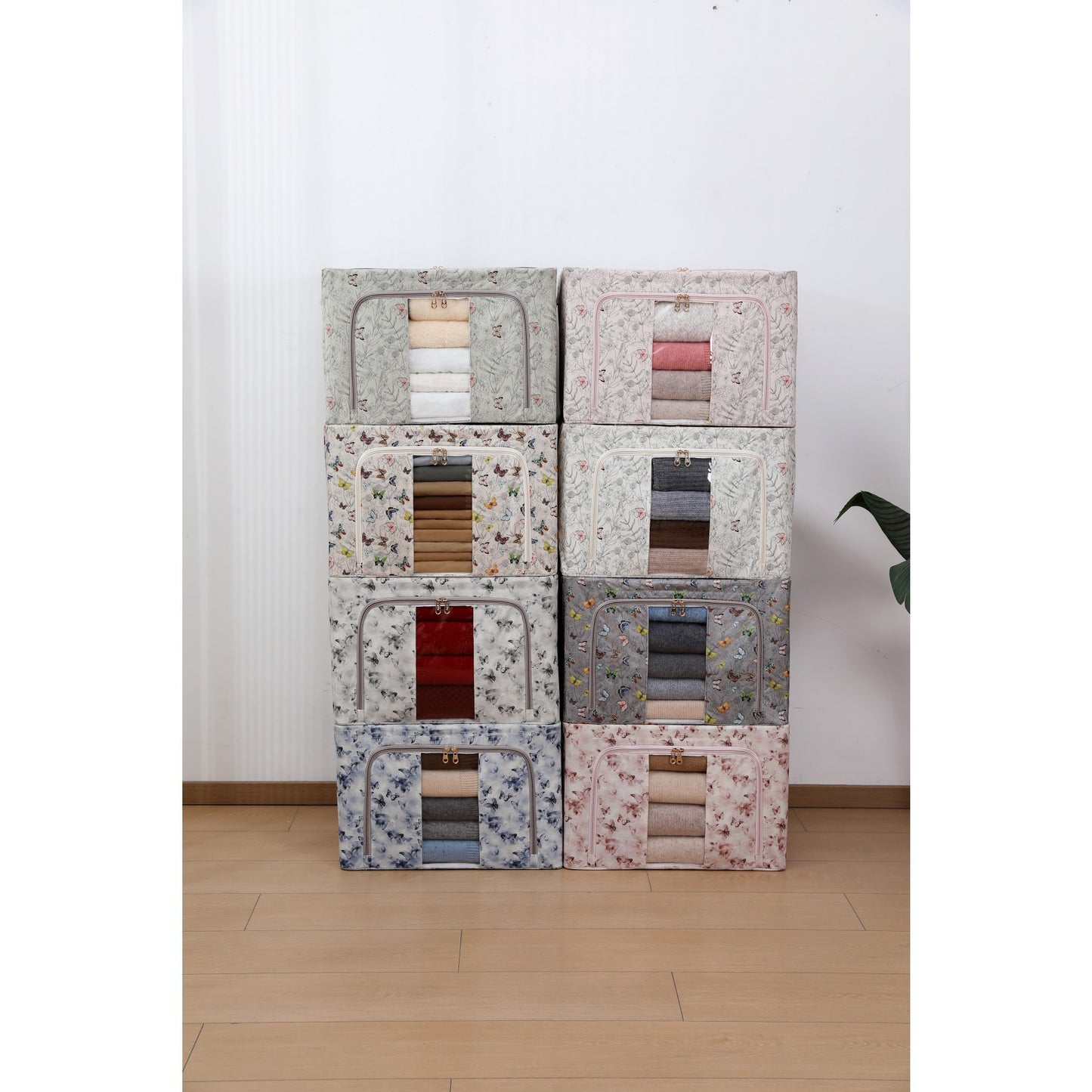 Cutie Depozitare Haine si Lenjerii, Organizator Pliabil cu Cadru Metalic si Fereastra, Material Textil, 66L, 50 x 40 x 33 cm, Gri/Auriu cu Fluturasi