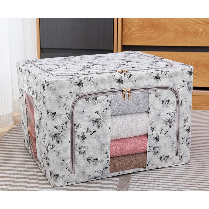 Cutie Depozitare Haine si Lenjerii, Organizator Pliabil cu Cadru Metalic si Fereastra, Material Textil, 66L, 50 x 40 x 33 cm, Gri/Auriu cu Fluturasi