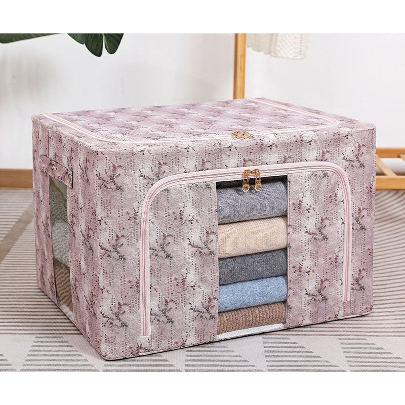 Cutie Depozitare Haine si Lenjerie, Cadru Metalic si Fereastra Transparenta, Pliabila cu Fermoar, Material Textil, 66L, 50 x 40 x 33 cm, Roz Plum Blossom