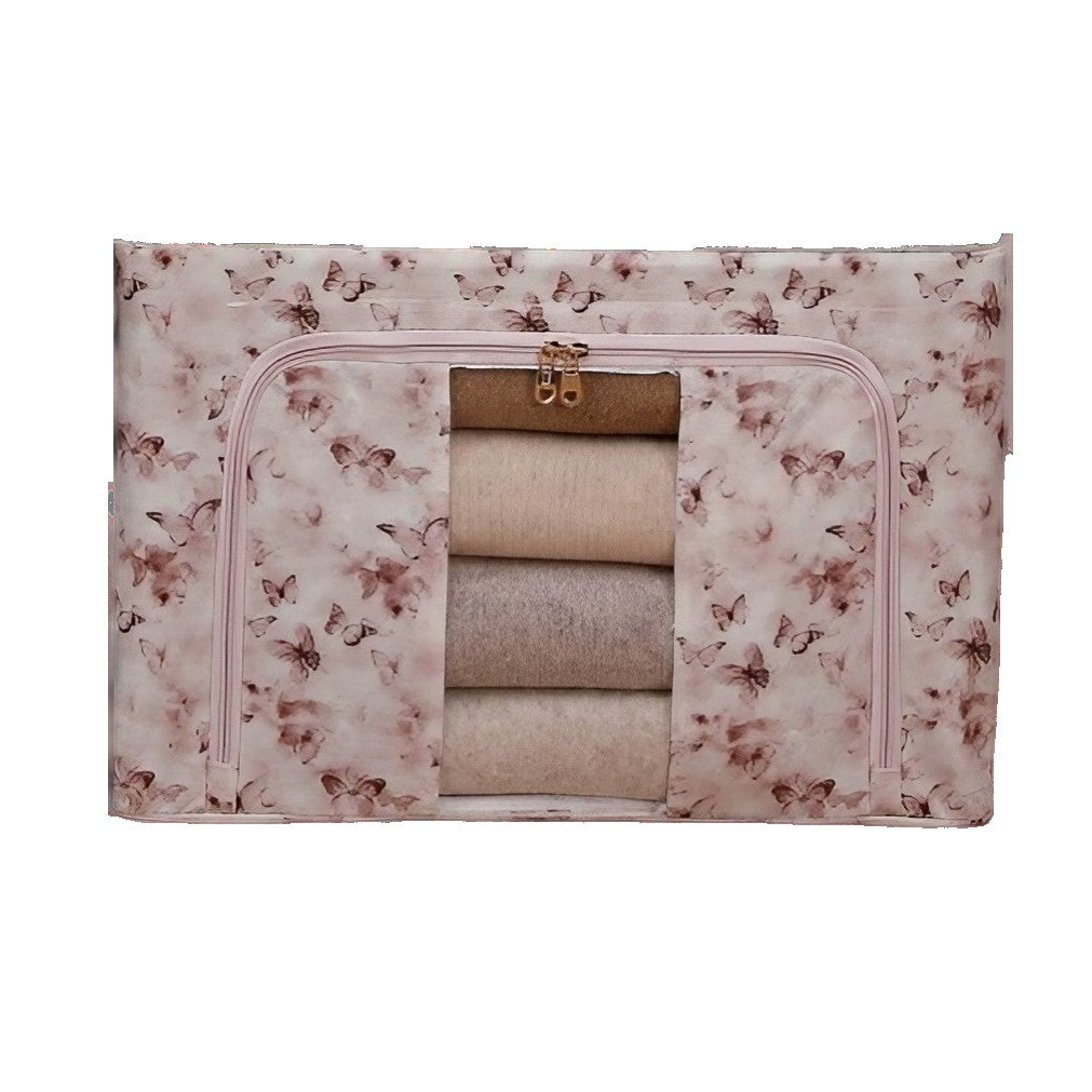 Cutie Depozitare Haine si Lenjerii, Organizator Pliabil cu Cadru Metalic si Fereastra, Material Textil Ecologic, 66L, Model Fluturasi, 50 x 40 x 33 cm, Roz/Gri