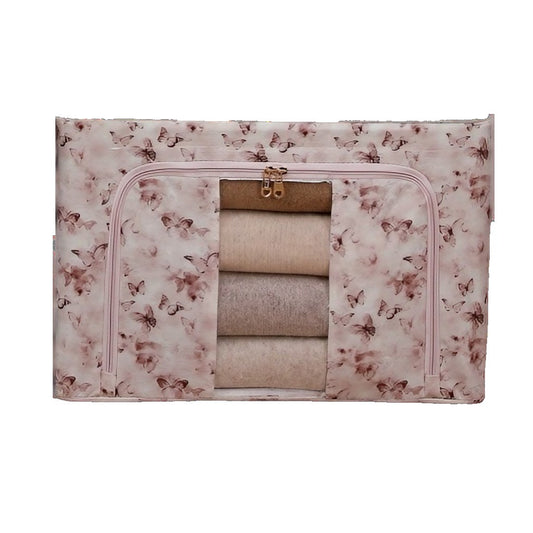 Cutie Depozitare Haine si Lenjerii, Organizator Pliabil cu Cadru Metalic si Fereastra, Material Textil Ecologic, 66L, Model Fluturasi, 50 x 40 x 33 cm, Roz/Gri