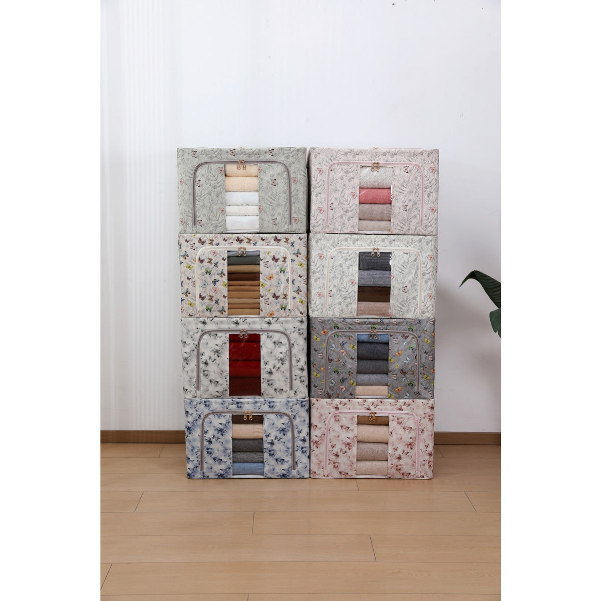 Cutie Depozitare Haine si Lenjerii, Pliabila cu Cadru Metalic si Fereastra Transparenta, Material Textil Impermeabil, 66L, 50 x 40 x 33 cm, Gri cu Flori de Primavara