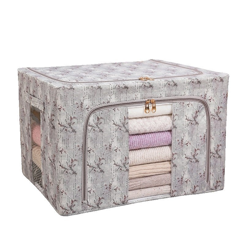 Cutie Depozitare Haine si Lenjerii, Pliabila cu Cadru Metalic si Fereastra Transparenta, Material Textil Impermeabil, 66L, 50 x 40 x 33 cm, Gri cu Flori de Primavara