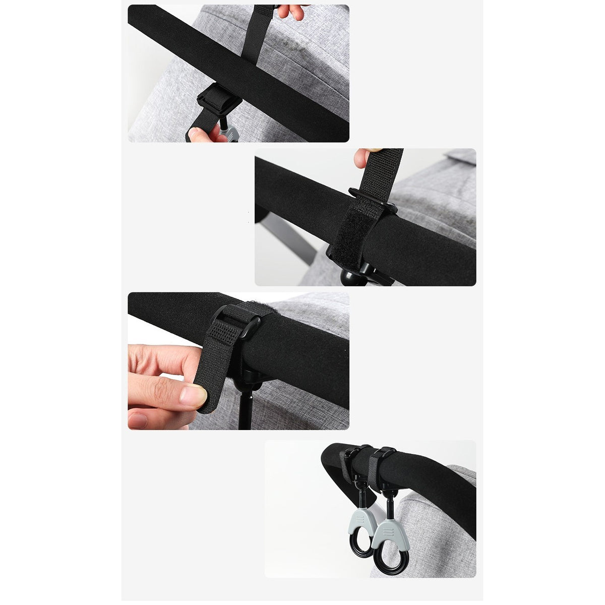 Set 2 Carlige pentru Carucior, Cap Rotativ 360 Grade, Suport Sacoșe și Genți, Plastic cu Prindere Velcro, Sarcina 2 kg, Negru