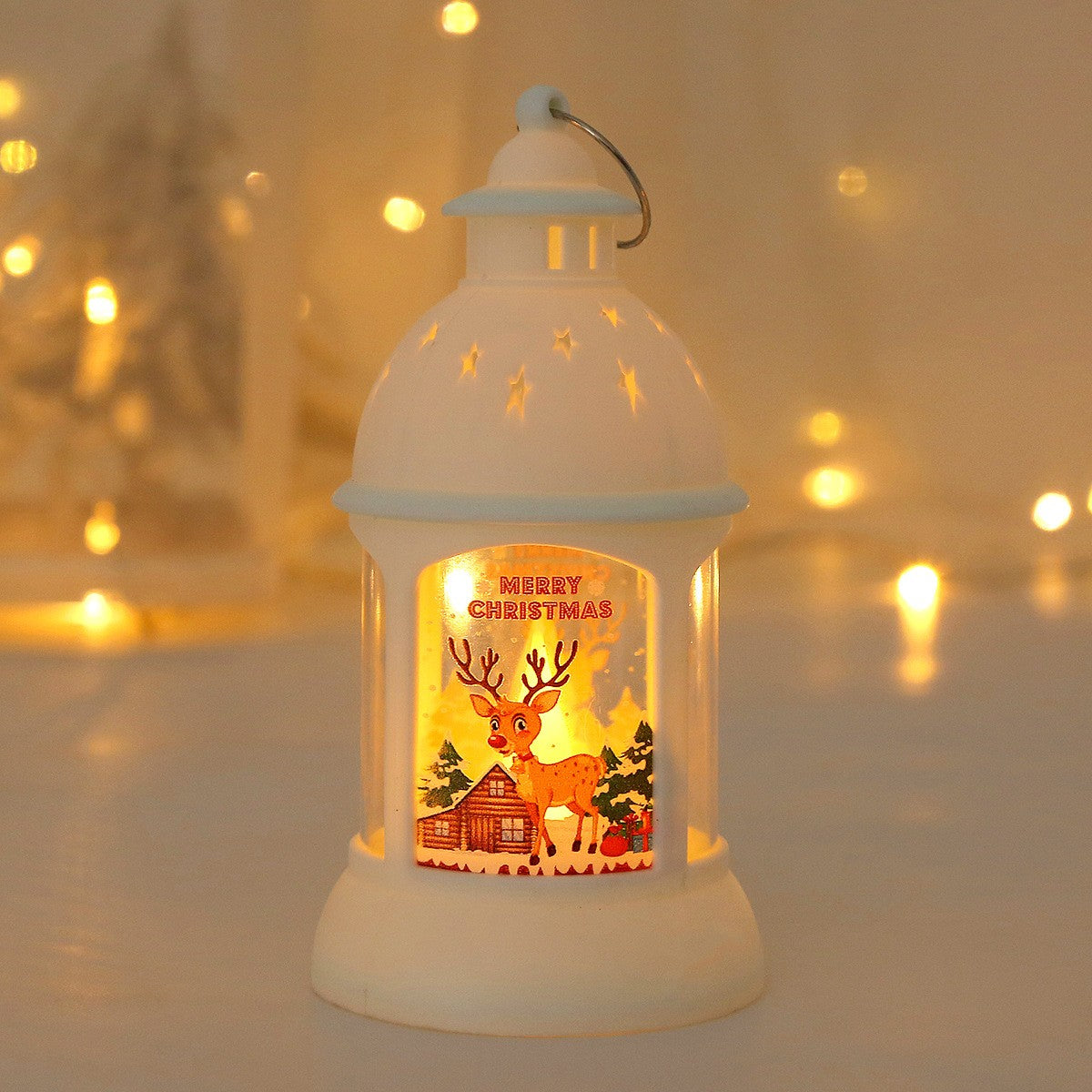 Decorațiune de Crăciun, Sfeșnic de Birou cu Lumină de Noapte, Model Ren cu Inel de Agățat, Plastic, 6.8 x 13.5 x 2 cm, Alb