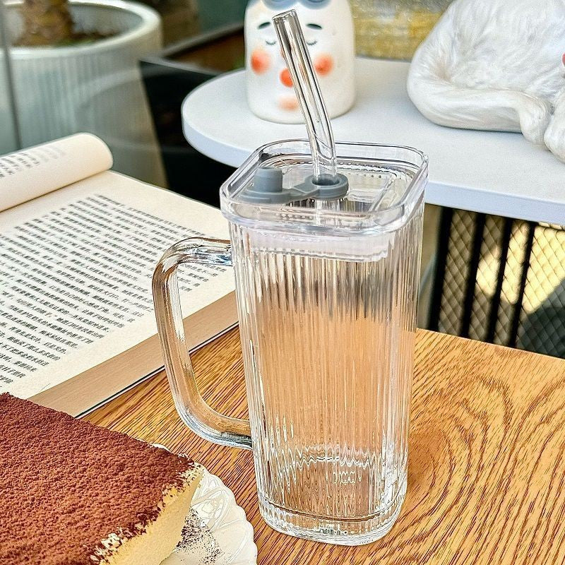 Pahar pentru Răcoritoare și Cafea cu Pai și Mâner, Sticlă Rezistentă Termic, Model Dungi Verticale, Transparent, 330 ml