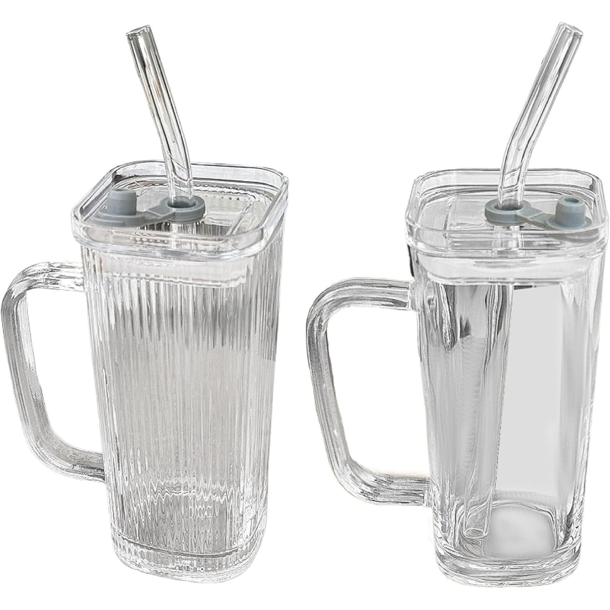 Pahar pentru Răcoritoare și Cafea cu Pai și Mâner, Sticlă Rezistentă Termic, Model Dungi Verticale, Transparent, 330 ml