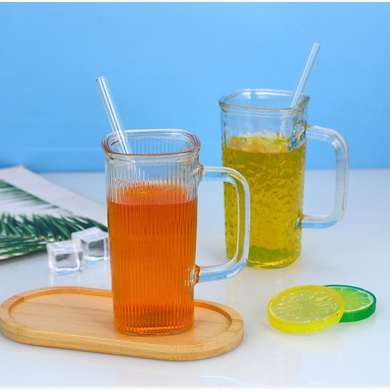 Pahar pentru Răcoritoare și Cafea cu Pai și Mâner, Sticlă Rezistentă Termic, Model Dungi Verticale, Transparent, 330 ml