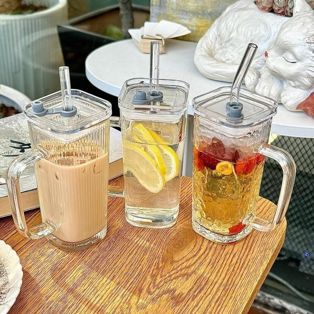 Pahar pentru Răcoritoare și Cafea cu Pai și Mâner, Sticlă Rezistentă Termic, Model Dungi Verticale, Transparent, 330 ml