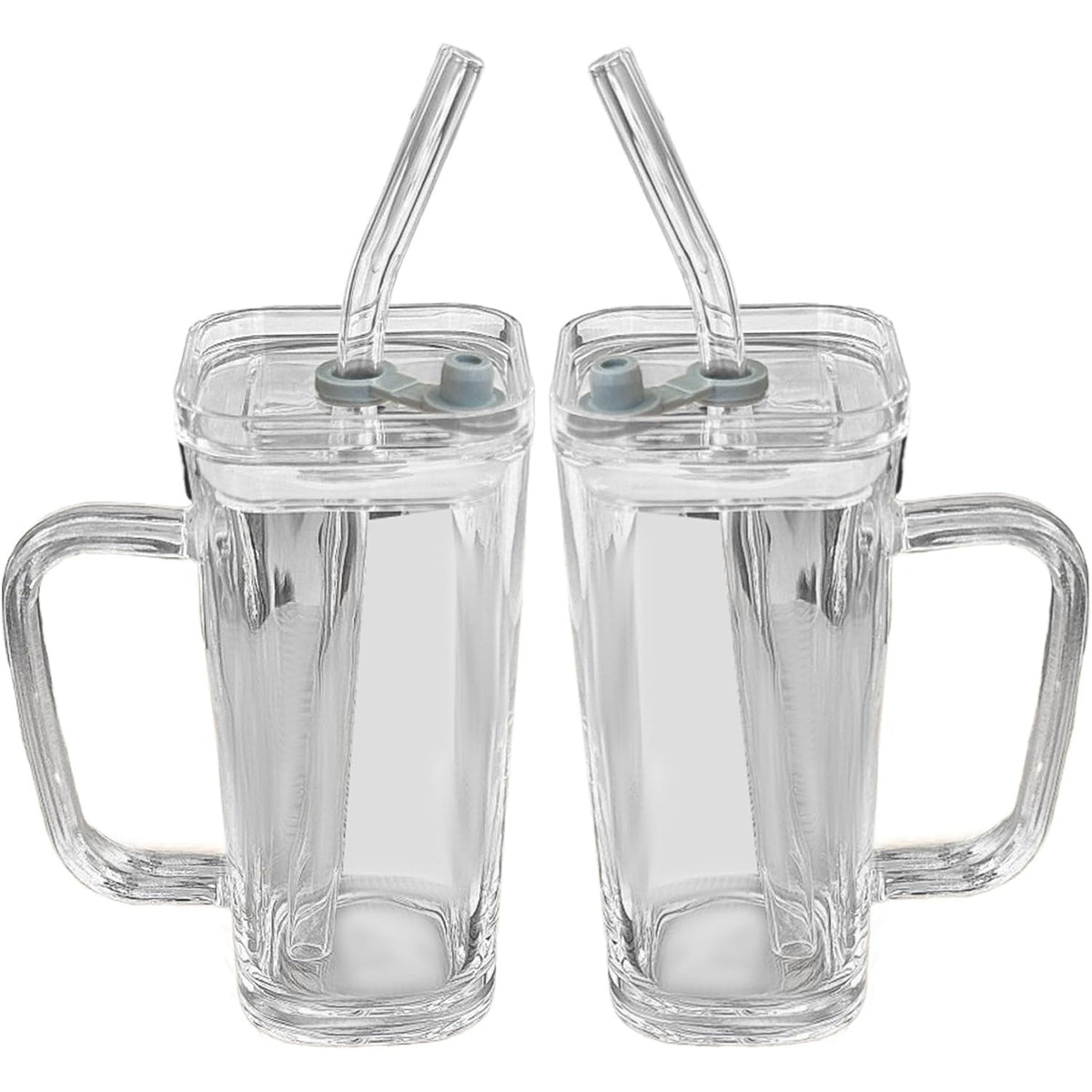 Pahar pentru Răcoritoare și Cafea cu Pai și Mâner, Rezistent la Temperaturi Ridicate, Design Pătrat Minimalist, Sticlă Transparentă, 330 ml