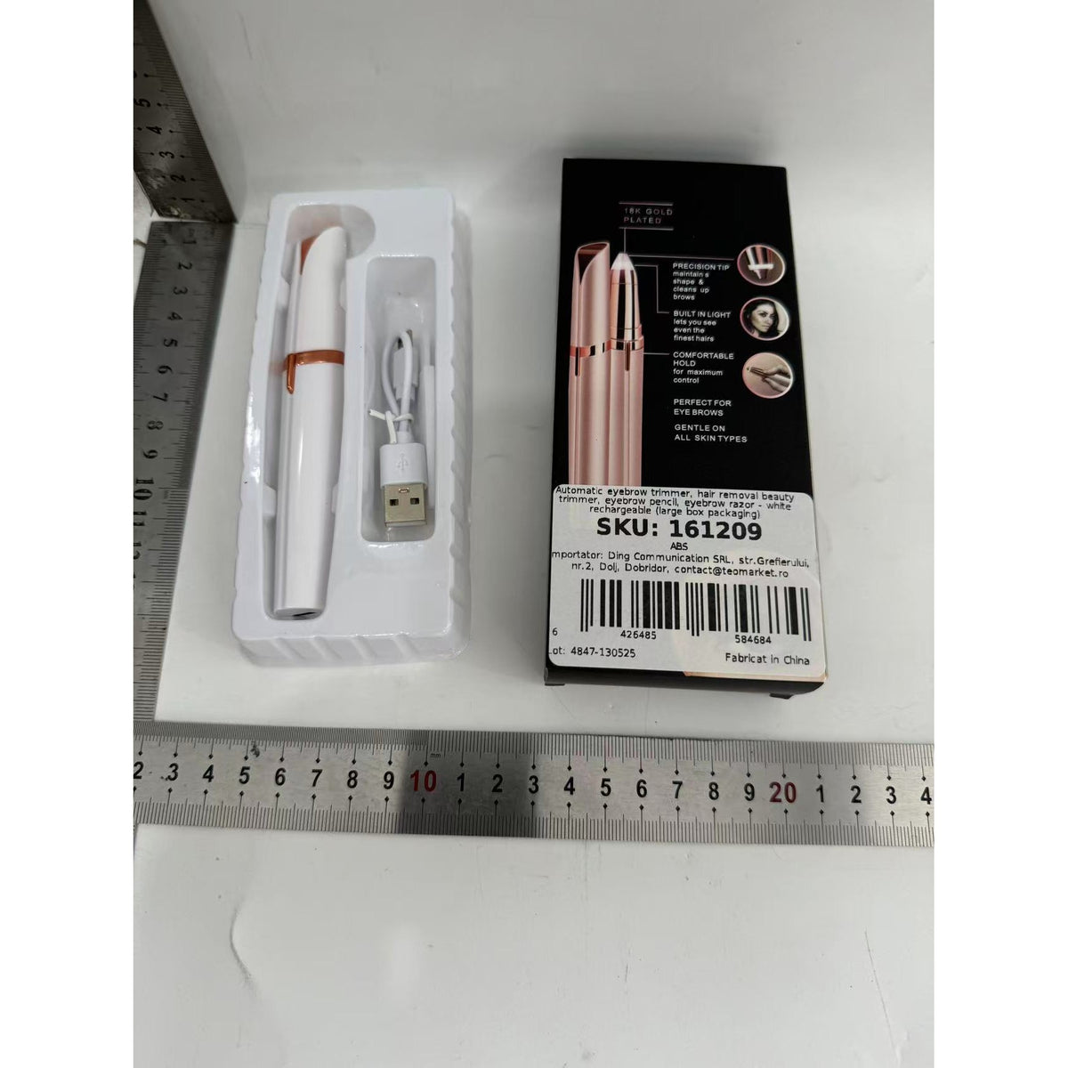 Trimmer Facial pentru Sprancene si Epilare Faciala, Reincarcabil USB, Cap Detasabil din Otel Inoxidabil, Portabil, ABS, 1.5 x 13 cm, Alb