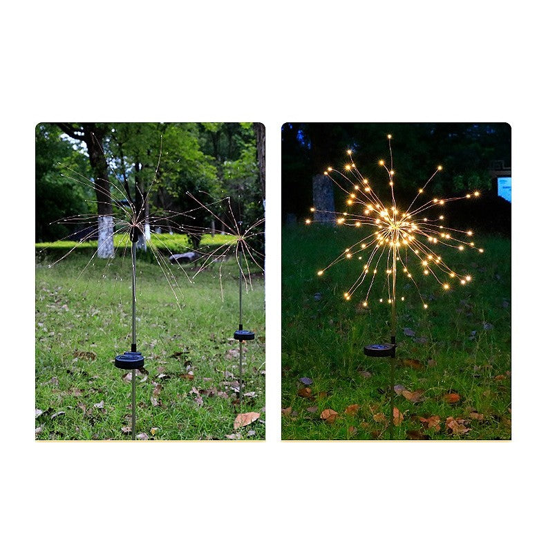 Lampa Solara Decorativa Gradina, Model Artificii Fireworks cu 8 Moduri Iluminare, Sarma Cupru Flexibila, IP55 Impermeabil, 120 LED-uri, 55W, 90 cm, Alb Cald