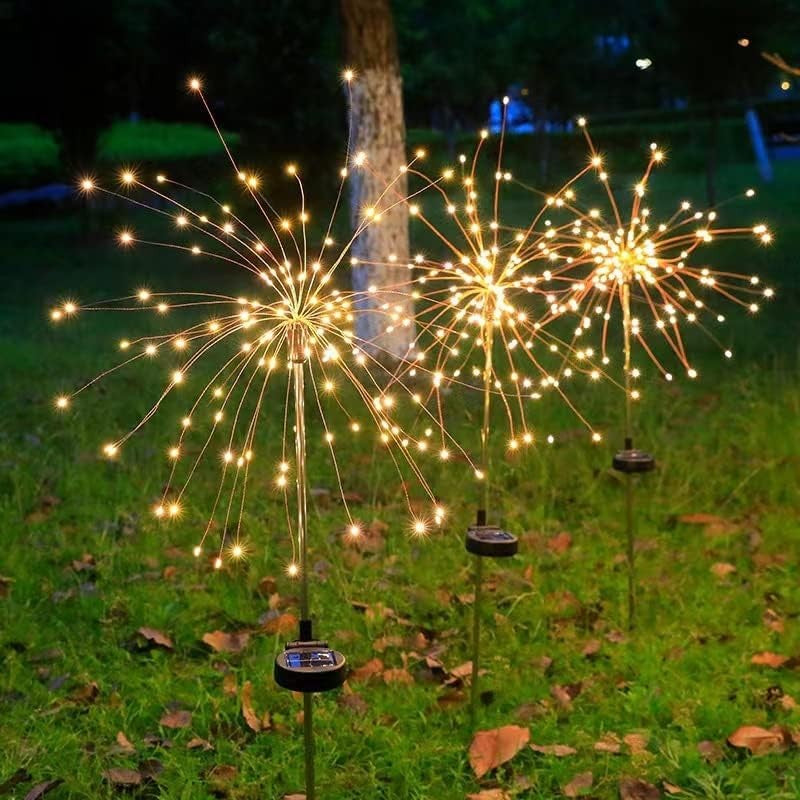 Lampa Solara Decorativa Gradina, Model Artificii Fireworks cu 8 Moduri Iluminare, Sarma Cupru Flexibila, IP55 Impermeabil, 120 LED-uri, 55W, 90 cm, Alb Cald