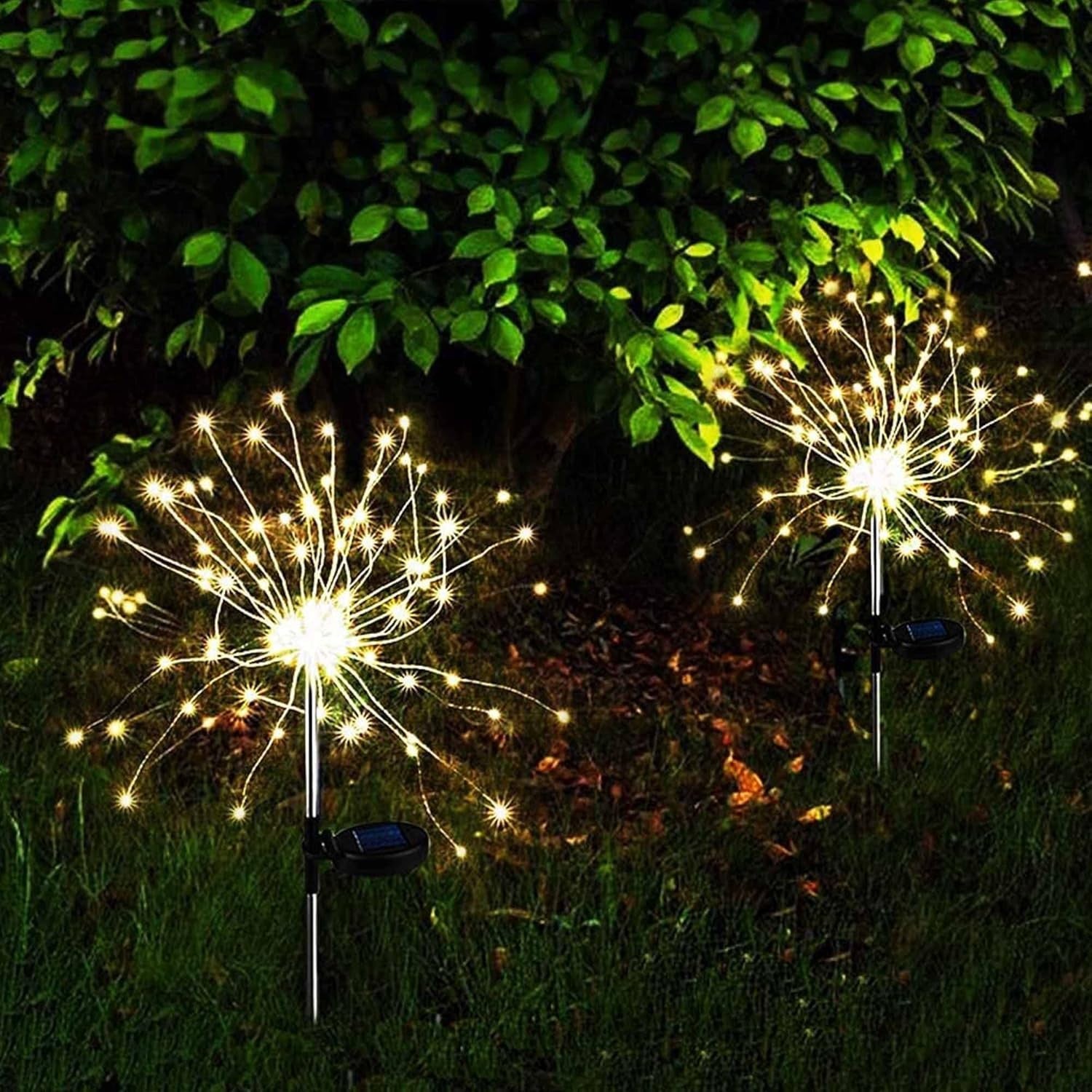 Lampa Solara Decorativa Gradina, Model Artificii Fireworks cu 8 Moduri Iluminare, Sarma Cupru Flexibila, IP55 Impermeabil, 120 LED-uri, 55W, 90 cm, Alb Cald